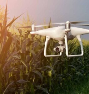 Drone realizando monitoramento em lavoura