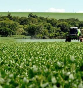 Máquina agrícola aplicando fungicidas em uma lavoura de soja