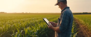 Homem em uma fazenda segurando um tablet e analisando gestão financeira